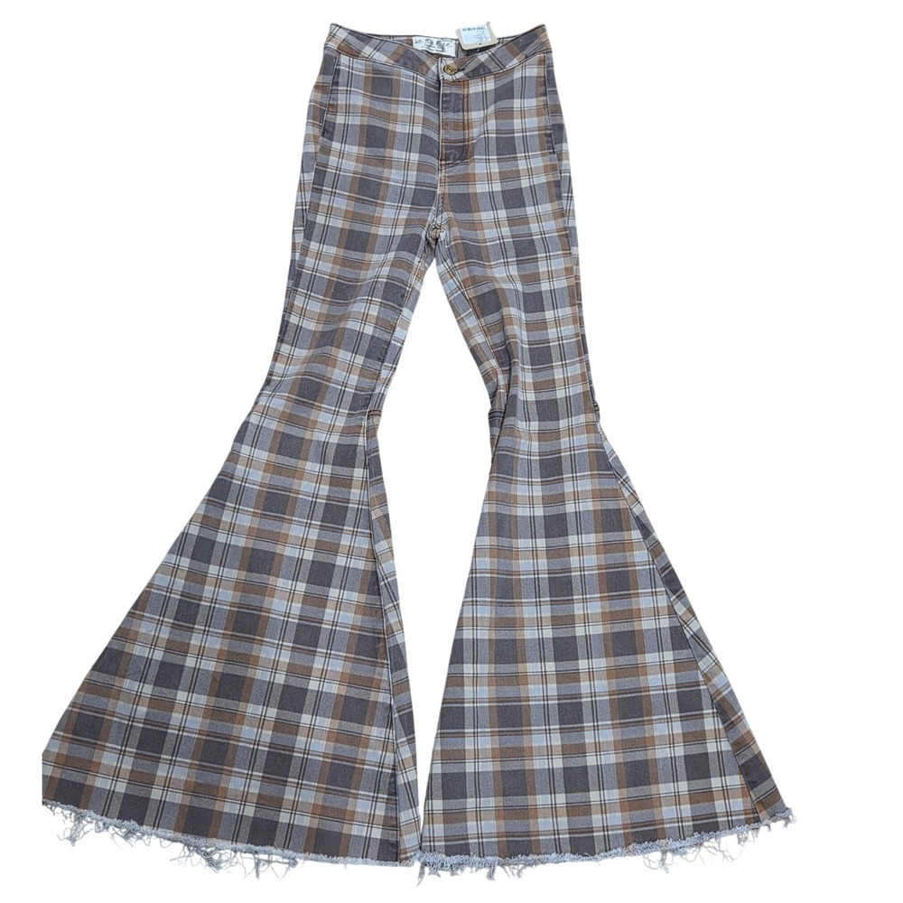 We The Free People Just Float On Plaid Flare Bell Pants Brown 25 NEW Boho Retro